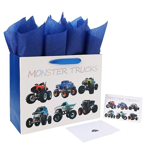 13" Large Birthday Gift Bags Set with Greeting Card and Tissue Paper (Monster Trucks Design) for boys, Kids, Baby boy,Baby...