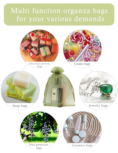 Jexila 100PCS Organza Bags 4''X6'' Olive Green Small Mesh Gift Bags with Drawstring for Jewelry, Party Favor, Candy, Fruit...