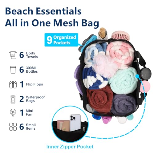 F-color Mesh Beach Bag - Large Beach Tote for Cruise Travel, Toys Pool Bags for Family Vacation Essentials