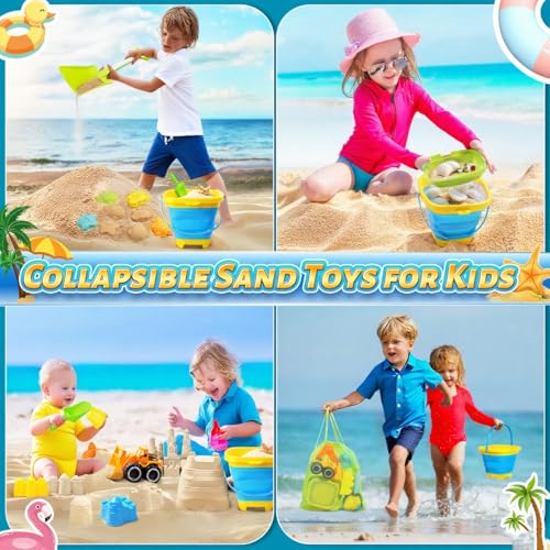 Collapsible Beach Sand Toys Set for Kids - Includes Bucket, Mesh Shovel, Filter Scooper & Castle Molds - Toddler Beach Toy...