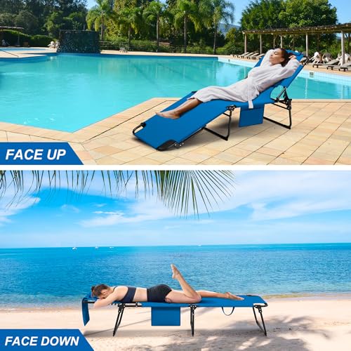 Candockway 400lbs Tanning Chair, 5-Fold Beach Lounge Chair with Face Hole & 2 Side Pockets, Non-Slip Foot & Portable Handl...