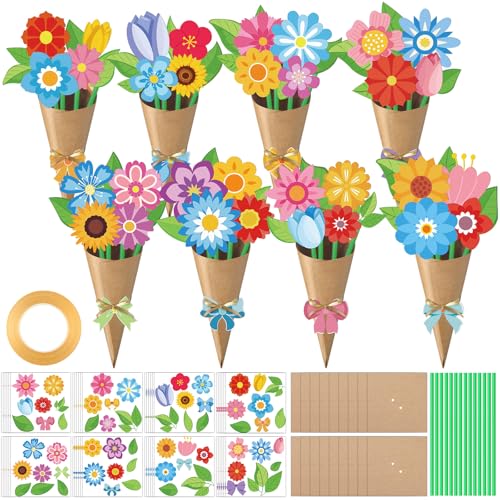 Motipuns 48 Set Spring Bouquet Flower Craft Kit Mother's Day DIY Flower Bow Paper Crafts Colorful Bouquets Make Your Own T...