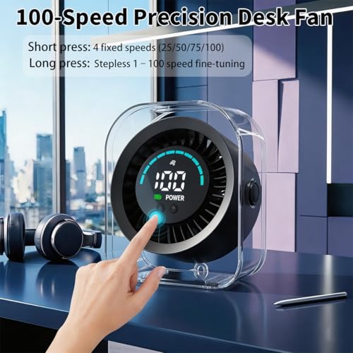 Zaardend Small Desk Fan, Quiet Desktop Fan with Turbo Airflow, Rechargeable Mini Table Fan 100 Speed Wind Adjustable, Trav...