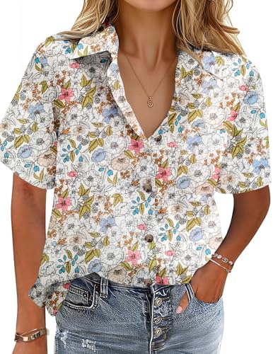 HOTOUCH Cotton Linen Button Down Shirt for Women V Neck Collared Blouse Casual Short Sleeve Tops with Pocket