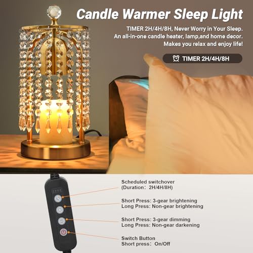 KunruiTAI Gold Candle Warmer Lamp with Timer and Dimmer - Electric Candle Warmer,Crystal Candle Lamp for Bedroom Decor,Fla...