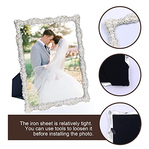 DIKAR 8x10 Picture Frame with Pearl for Wedding, Silver Plated with HD Acylic Finish Photo Frames with Rhinestones for Hor...