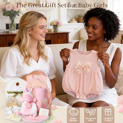 TUZT Newborn Baby Girl Gift Set, 9PCS Baby Shower Gift Box with Onesie Blanket Hand Puppet Milestone Card, New Born Essent...