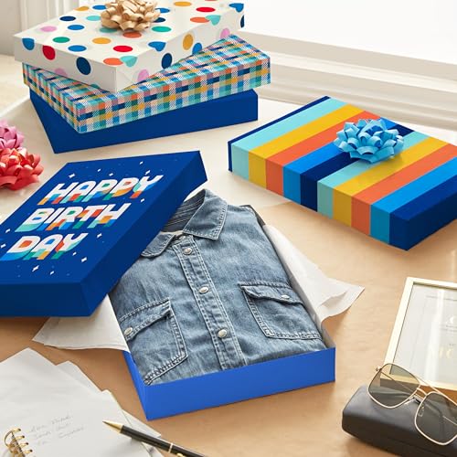 Hallmark Designed Shirt Boxes with Lids (8 Boxes: 2 Each of Orange and Blue Stripes, Plaid, Dots, Happy Birthday) for Birt...
