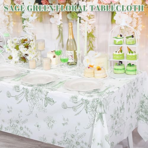 3 Pack Sage Green Floral Plastic Tablecloths, 54 X 108Inch Tea Party Tablecloth Disposable Table Cloths Green and White Po...
