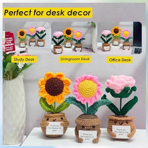 3PCS Adorable Crochet Sunflower/Rose/Daisy,Handmade Knitted Flowers,Crochet Potted Plant,Thank you for Gift,Thank you Gift...