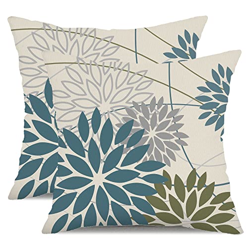 Blue Army Green Outdoor Pillow Covers Set of 2 18X18 Inch Teal Floral Elegant Polyester Flower Pillow Case Outdoor Waterpr...