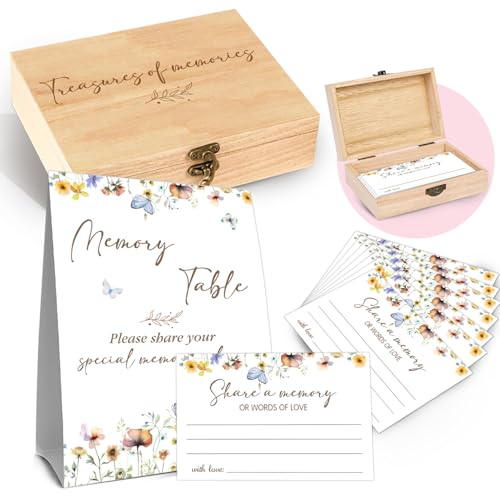 Fisahat Memory Box for Wedding with 50 Psc Share A Memory Cards，Wildflowers butterflies Bridal Shower Games,Share A Memori...