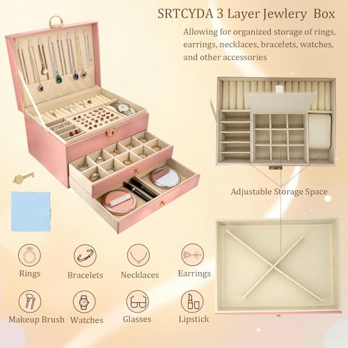 SRYTCYDA SRTCYDA Jewelry Box for Women, Large PU Leather jewelry organizers and storage, 3-Layer Jewelry Storage with 2 Dr...