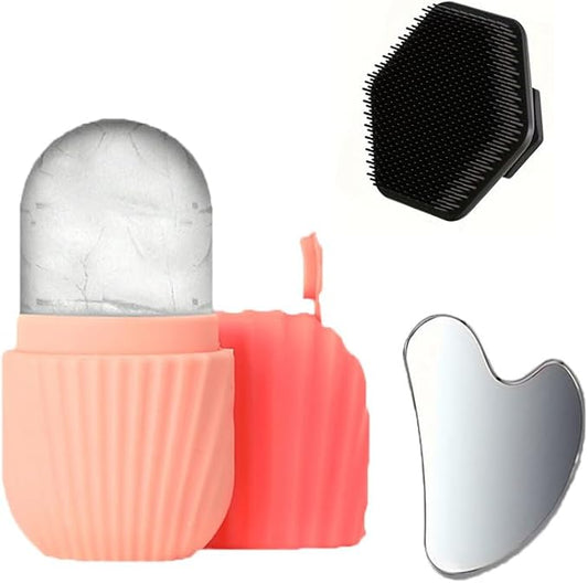 3 Pcs Facial Care Massage Set, Including Ice Face Mask Mold, Silicone Cleansing Massage Brush, and a Stainless Steel Gua S...