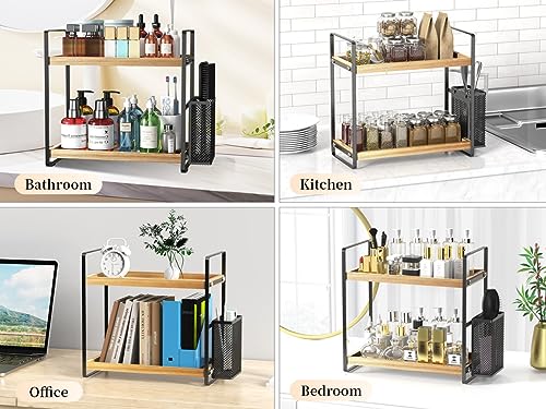 LEMIKKLE 2-Tier Wood Bathroom Counter Organizer with Basket,Waterproof Vanity Perfume Skincare Storage for Bathroom, Kitch...