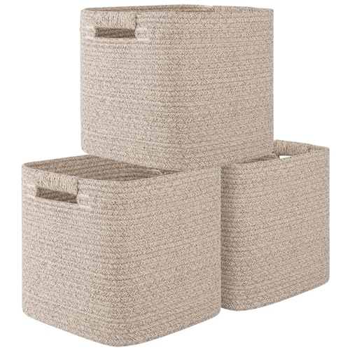 OIAHOMY Storage Cubes 11 Inch Storage Bins-3-Pack, Cotton Rope Woven Baskets for Organizing, Square Storage Baskets for Sh...