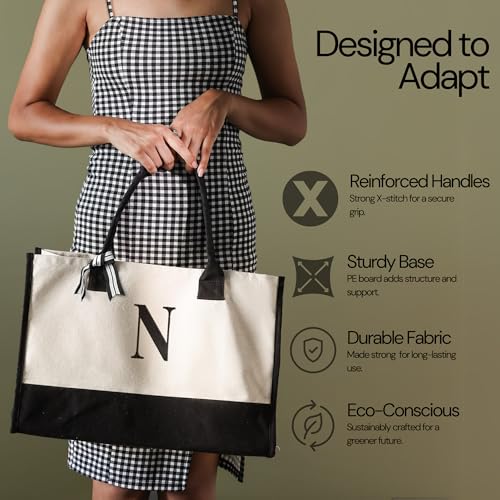 Salt Earth Personalized Initial Canvas Tote Bag for Women, Large Cotton Monogram Beach Grocery Reusable Work Travel Tote