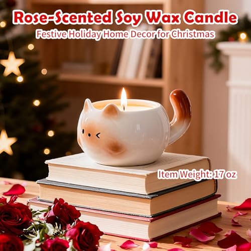 Cat Lover Gift – Cute Cat Scented Candle for Women, Rose Aromatherapy Soy Candle in Ceramic Cat Jar, Funny Cat Lover Gift ...