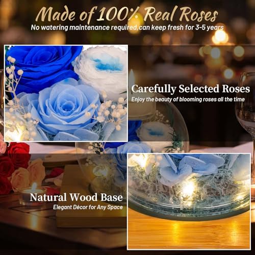 Preserved Blue Real Rose in Glass with Scented Candles – Forever Flower Romantic Anniversary Christmas Birthday Valentines...