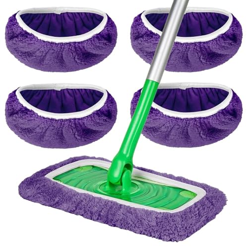 Microfiber Mop Pads - 4 Pack Reusable Washable Refills for Wet & Dry Floor Cleaning - Fits Most Standard Mops - Purple Hou...
