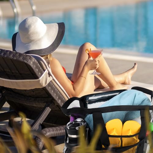 CaCTOUR Mesh Beach Bag,Large Beach Bags for Women with 8 Pockets,Packable Tote Bag for Beach Cruise Pool Vacation Essentials
