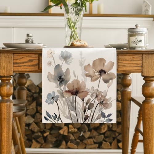 Artoid Mode Brown Poppy Floral Leaves Spring Table Runner, Seasonal Summer Kitchen Dining Table Decoration for Home Party ...