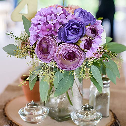 Felice Arts 12" Purple Hydrangea Silk Flowers Bouquet, Peonies Artificial Flowers for Wedding Bridal Bouquets Home Table C...