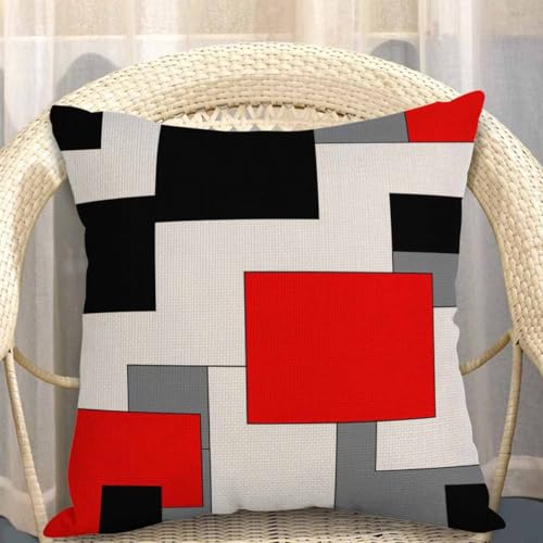 Mugod Paneling Pillow Cover Abstract Geometric Block Red Black Gray White Decorative Throw Pillow Cases Square Cotton Line...