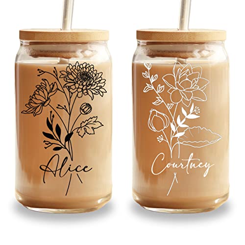 Personalized Birth Flower 16oz Glass Can Cup, Custom Name Bridesmaid Bridal Party Gift, Floral Iced Coffee Glass with Lid ...