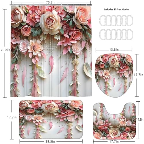 DDQQ Pink Flower Bathroom Shower Curtain Set, Romantic and Cute Rose Floral Polyester Bathroom Decor Set with Shower Curta...