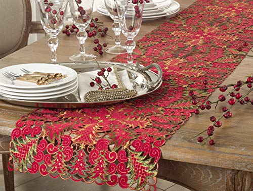 SARO LIFESTYLE QX296.R1654B Panettone Collection Christmas Tree Cutwork Table Runner, 16" x 54", Red