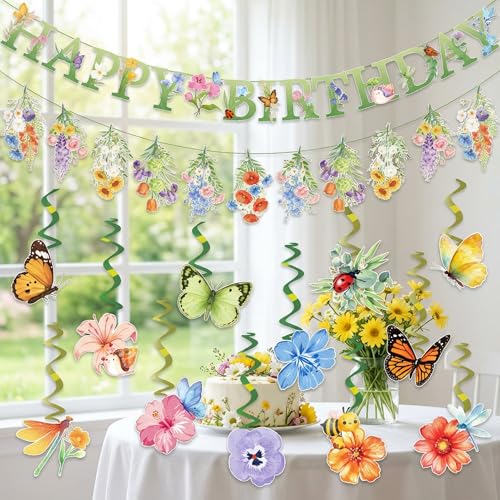 Spring Flower Birthday Decorations, Wildflower Party Decorations include Happy Birthday Banner and Flower Themed Hanging S...