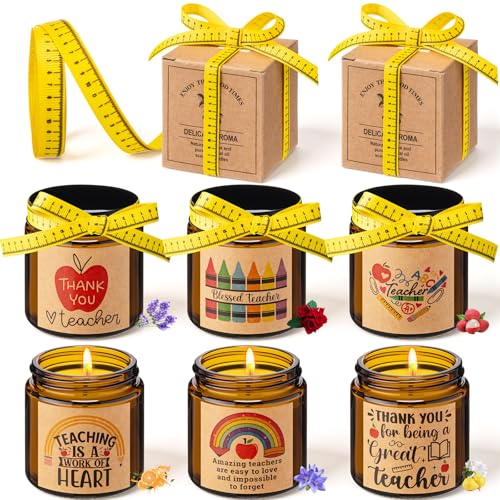 Lyrow 6 Pcs Teacher Appreciation Candles Gifts Set Best Teachers Gifts for Women and Men Include Ruler-Style Ribbon 3.5 oz...
