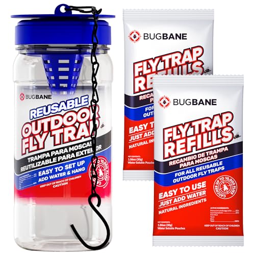 Fly Trap Outdoor Fly Traps for Patio with 2 Non-Toxic Dissolvable Bait Refills. Reusable Hanging Bug Catcher Killer for Al...