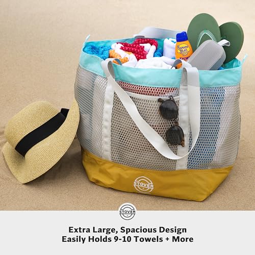 STOVER Extra Large Mesh Beach Bag, Vacation, Pool, Shopping & Travel Tote - Foldable w/Storage Pouch & Pockets for Women, Men