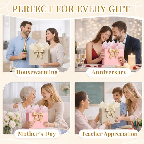 ANZNKU 2PCS Pink & Beige Gift Bags for Women, Medium Gift Bags with Handles 4 Tissue Paper 2 Ribbons 2 Cards for Her Weddi...