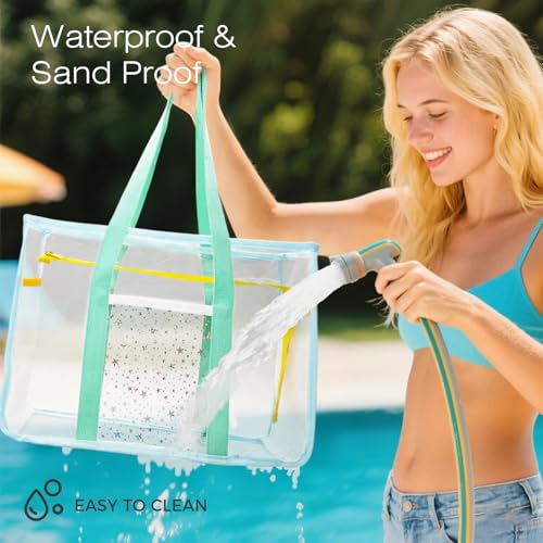 FEHNAG Clear Beach Bag for Women,Waterproof,Sandproof,Large Transparent PVC Tote Bag for Stadium Events Beach Travel Gym Pool
