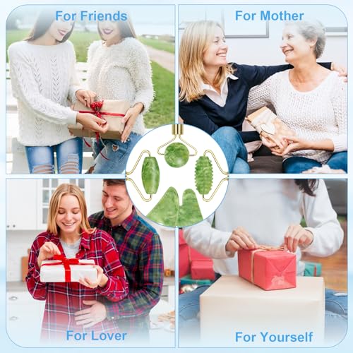 Sbnnfikeb 5Pcs Jade Roller & Gua Sha Facial Tool Set, Natural XiuYan Stone Face Roller and Gua Sha Board Kit, Portable Man...