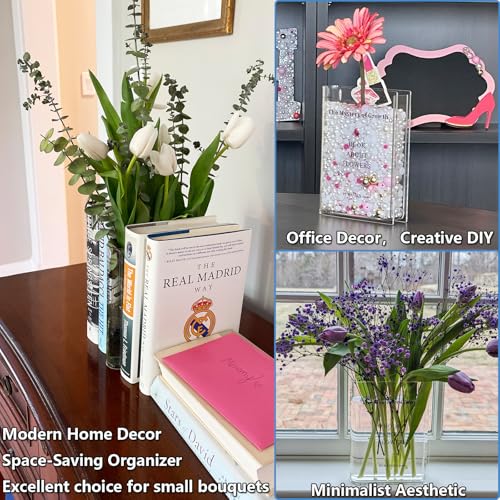 Puransen Clear Book Flower Vase - Floral Bookshelf Decor, Acrylic Flower Holder & Space-Saving Organizer, Modern Home Offi...