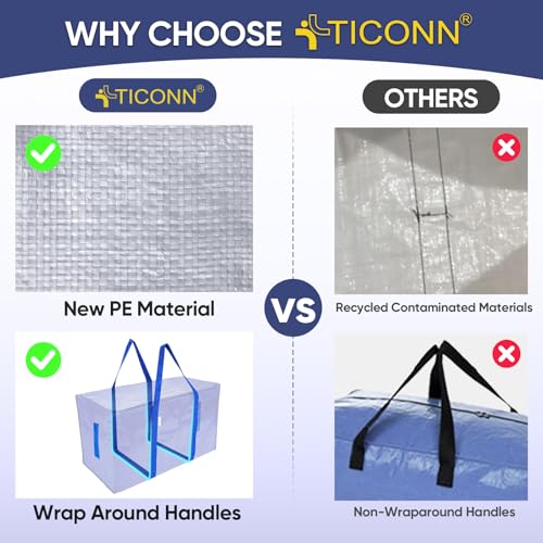 TICONN 6 Pack Extra Large Moving Bags Heavy Duty with Zippers & Carrying Handles, Durable Storage Bags Moving Boxes for Cl...