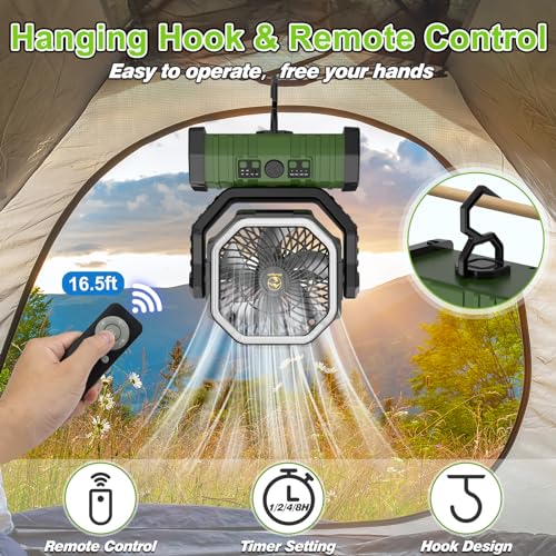 20000mAh Rechargeable Camping Fan, Auto-Oscillating Portable Fan for Camping with Remote & LED Lantern, 4 Speeds Battery P...