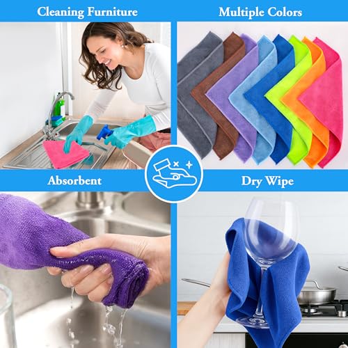 lucdnc Microfiber Cleaning Cloths 16 Pack 8 Color Cleaning Rags for Housekeeping Home Kitchen Bathroom Car,11.5"X11.5" Sof...