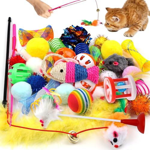 QUOZUO Cat Toys Kitten Toys Assortments, 32 Packs Interactive Cat Toy Variety Pack for Kitty, Cat Wand Toy, Cat Crinkle Ba...