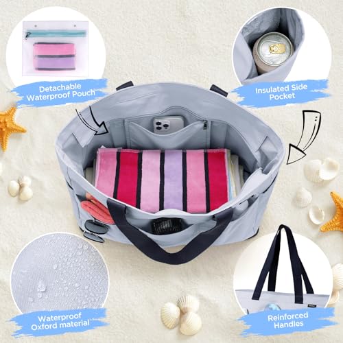 GAGAKU XL Beach Bag with Zipper & Cooler Compartment, Sand-Proof Foldable Large Tote Bag for Cruise, Travel, Family, Women