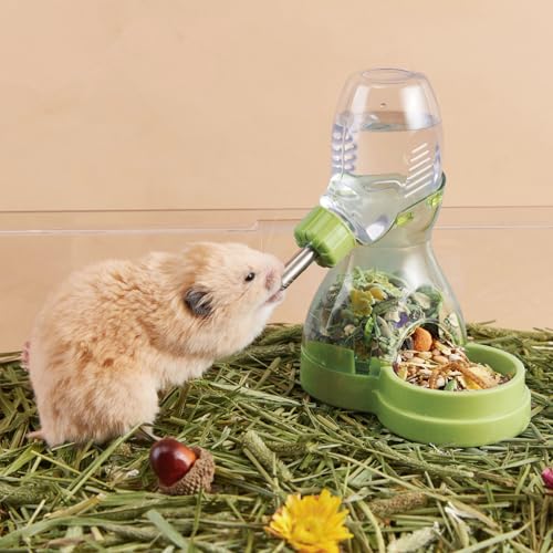2 in 1 Hamster Water Bottle No Drip with Large Capacity Automatic Food Dispenser Small Animal Feeder for Syrian Dwarf Hams...