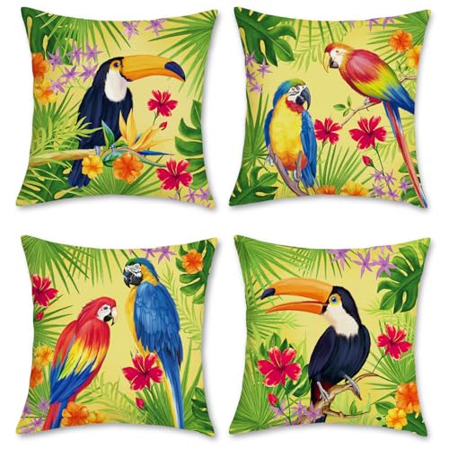 Bonhause Tropical Birds Parrot Toucan Throw Pillow Covers 18 x 18 Inch Set of 4 Flowers Leaves Outdoor Decorative Pillow C...