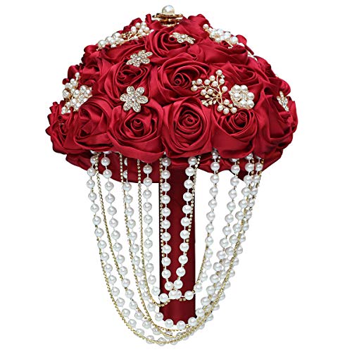 TUAGYMKR Handmade Satin Rose Water Drop Bridal Bouquet,8.7inch Crystal Wedding Round Tossing Bouquet,Jewelry Proposal Brid...