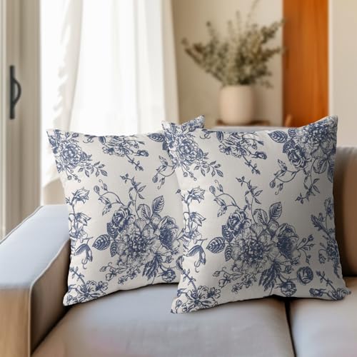Vintage Floral Pillow Covers 20x20 Inch Set of 2 Navy Blue and Cream Floral Throw Pillow Covers Chinoiserie Flower Pillowc...