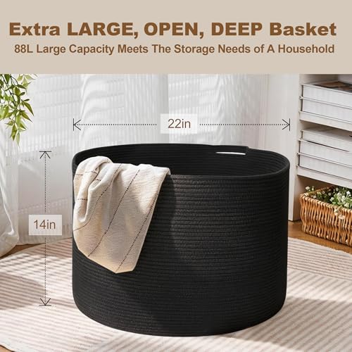 MEGASKET Large Black Blanket Basket, 22" X 22" X 14" Woven Rope Bin for Storage, Kids Dog Toy Storage Box Organizer Bins, ...