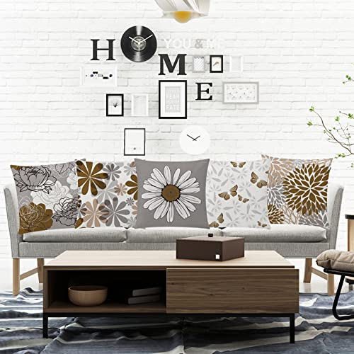 COMMINY Brown Grey Pillow Covers 18x18 Set of 6 Decorative Daisy Flower Throw Pillow Cover for Couch Modern Coffee Pillow ...